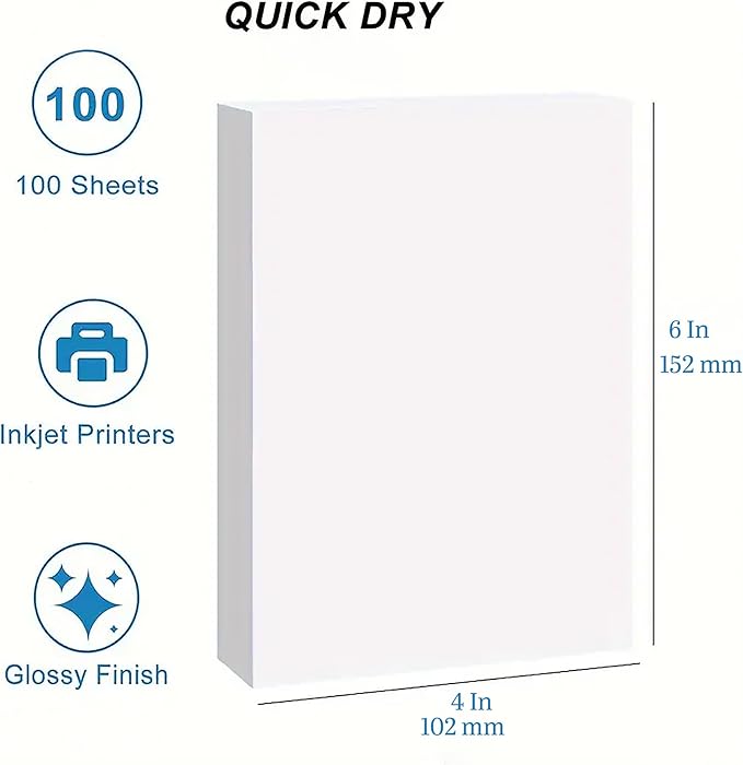 Premium Resin Coated 4X6 Photo Paper for Vibrant Photo Prints - Waterproof, Thick, Heavy, Fade Resistant, Instant Dry, Long Lasting 4R Photo Papers for Stunning Results (Gloss, 4X6)