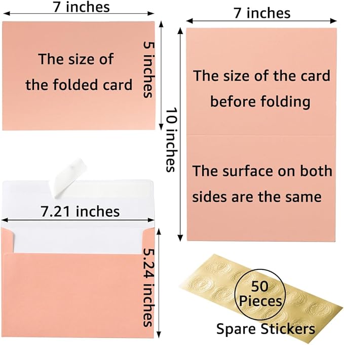 Wishop 50 Pack Shiny Self-Adhesive Envelopes with Shiny Fold Cards for Wedding Invitations, Greeting Cards, Baby Shower, Letter Mailing (Pink, 5x7)