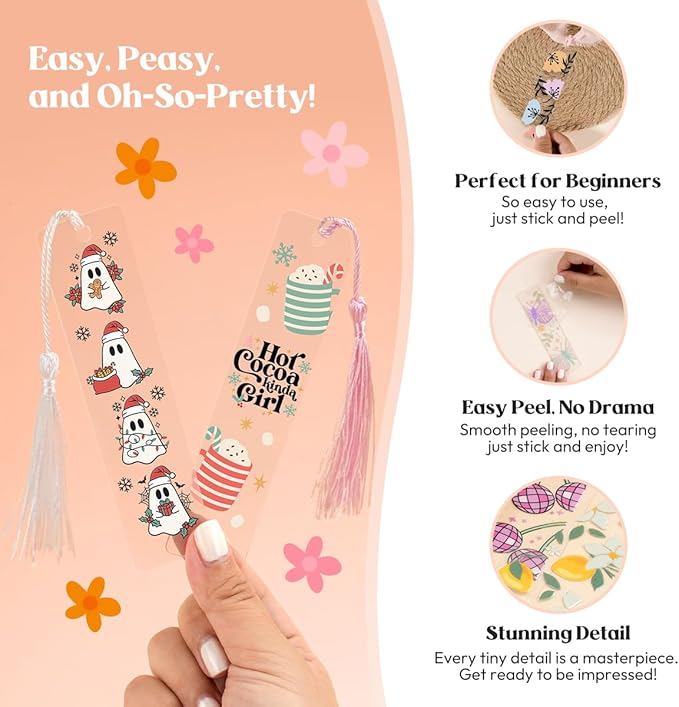 48PCS Bookmark Making Kit, 24 Acrylic Bookmark Blanks with 24Pcs Tassels, 24UV Stickers about Christmas Theme, DIY Blank Bookmarks Waterproof UV DTF Transfers Stickers for Clear Bookmarks DIY Projects