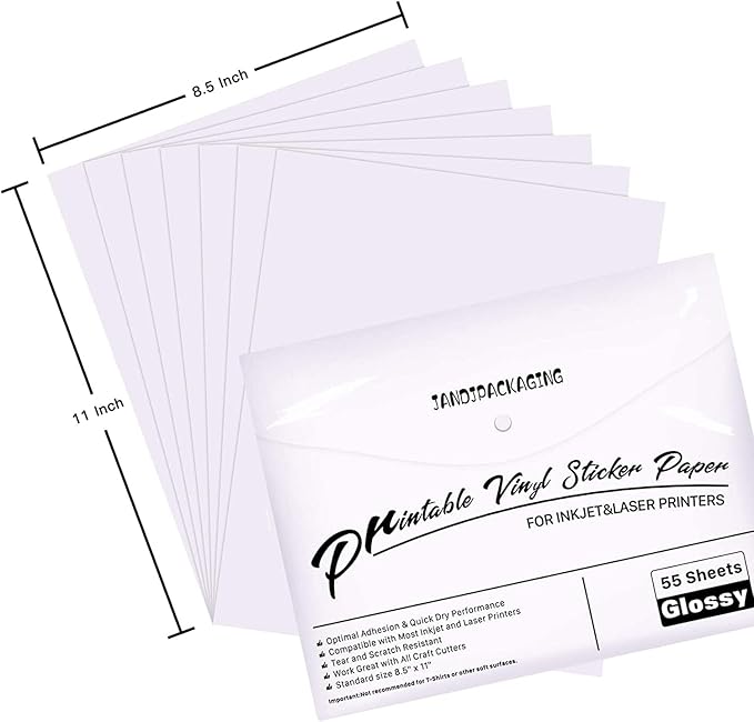 JANDJPACKAGING Premium Printable Vinyl Sticker Paper - for Inkjet and Laser Printer - 55 Pack Glossy White Waterproof Inkjet Printable Vinyl - 140 g Dries Quickly and Holds Ink Beautifully