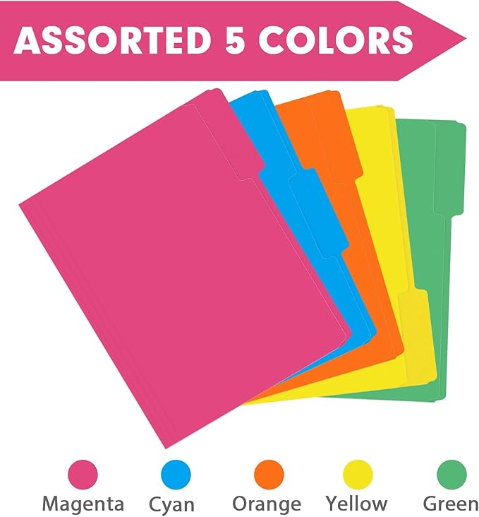 File Folder, RAZCC 250 Pack 1/3 Cut Tab Colored File Folders, File Folder Letter Size for Office Classroom Use, Assorted 5 Colors Folders with Tabs