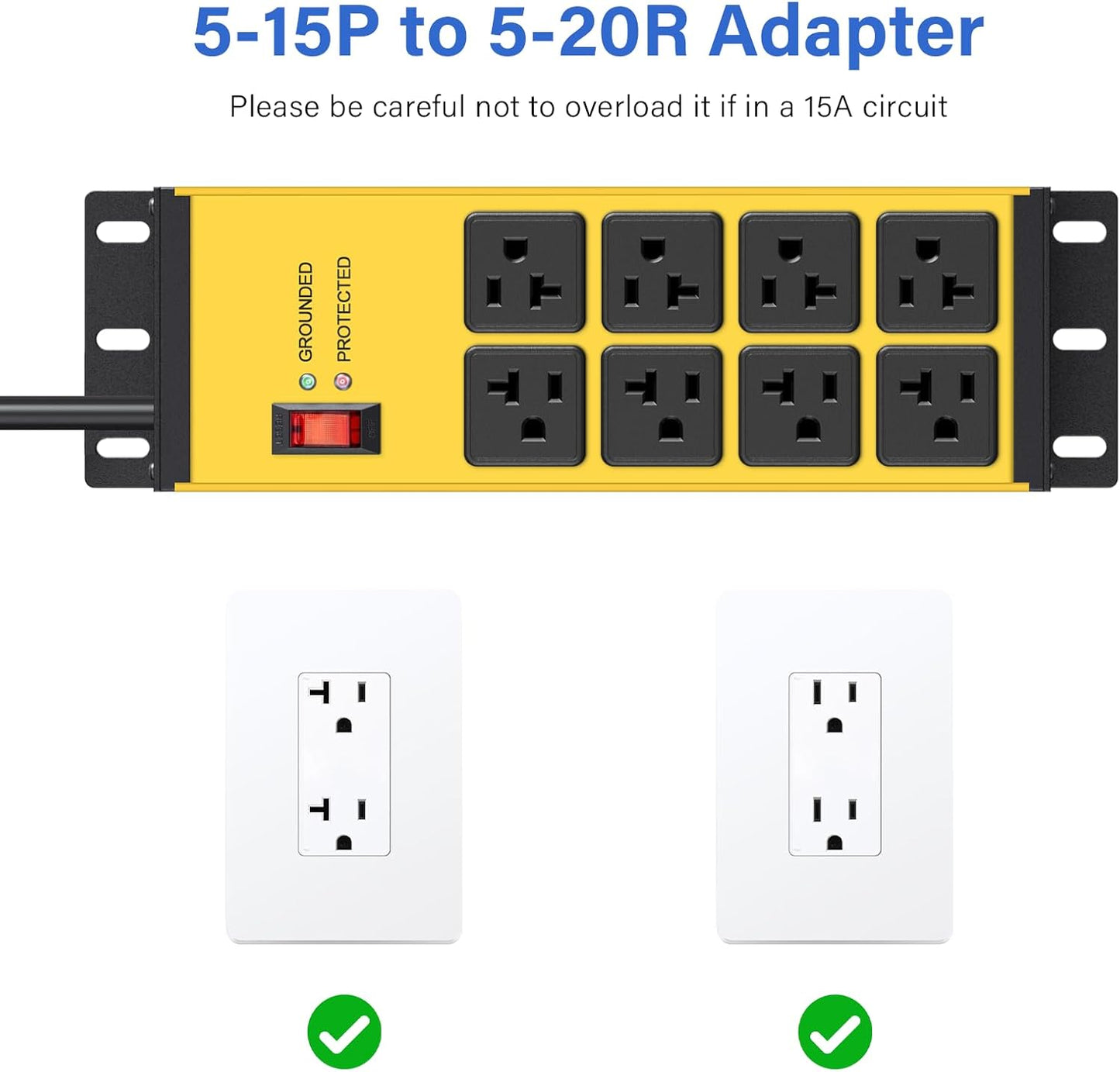 CCCEI Yellow Heavy Duty Power Strip Surge Protector 20 AMP, 8 Outlets 12 Gauge Industrial Shop Garage Metal Multiple Outlets, 12 FT Extension Cord 5-15P Adapter High Amp 6-20R T-Slot 20a for Appliance