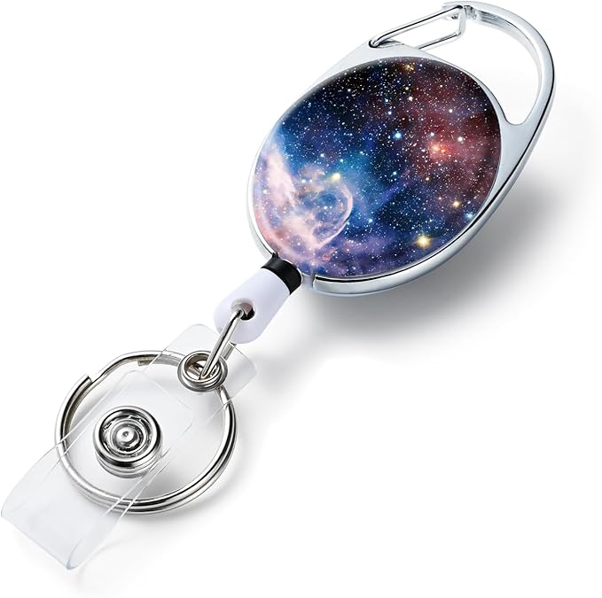 Badge Reels Retractable，Double Sided Color Print Pattern Retractable Badge Holders，with Retractable Keychain, Badge Clip and Key Ring，Durable Nylon Retractable Rope，Starry Sky