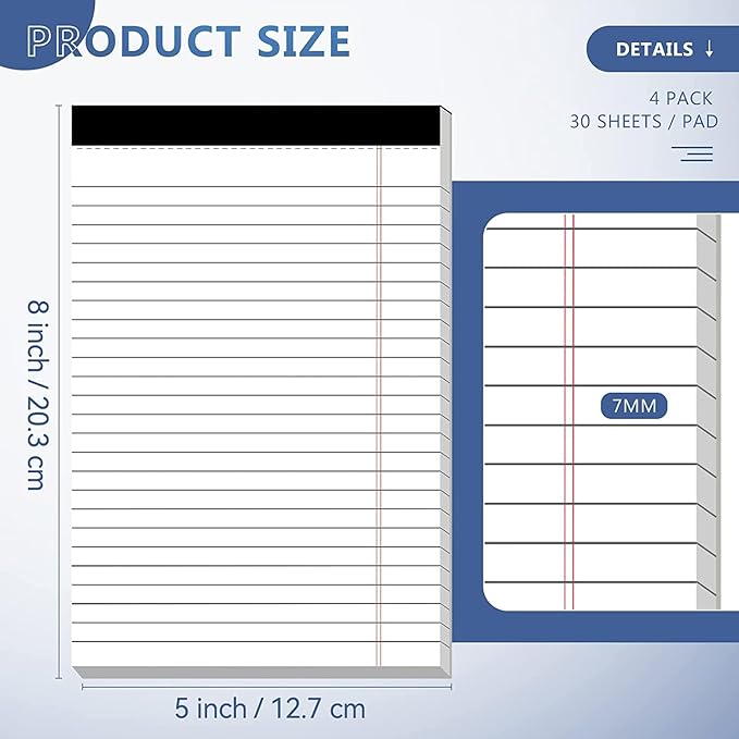 5" x 8" Note Pads 6 Pack of Legal Pads 30 Sheets Notepad College Ruled Small Writing Pads Perforated Pages Paper Pads 80GSM Heavyweight Paper Note Pads for Home, Office, or School