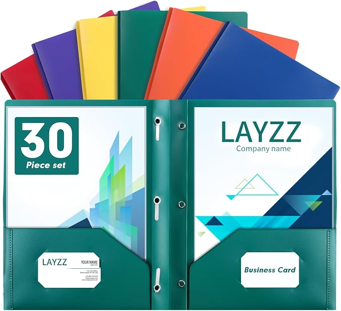 Plastic Two Pocket Folders with Prongs, LAYZZ 30 Pack Heavyweight Letter Size Plastic Folders with Pockets and Prongs, Poly Plastic Folders for Office & School