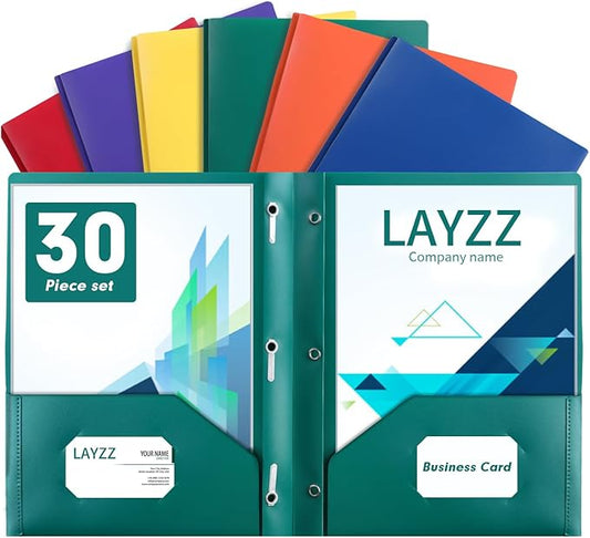 Plastic Two Pocket Folders with Prongs, LAYZZ 30 Pack Heavyweight Letter Size Plastic Folders with Pockets and Prongs, Poly Plastic Folders for Office & School