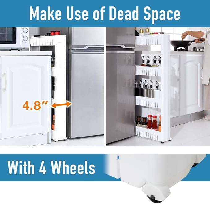 Slim Rolling Storage Cart 4 Tier, Small Plastic Kitchen Laundry Room Cart, Mobile Storage Organizer Shelves, Utility Cart Tower Rack for Bathroom Bedroom (White)