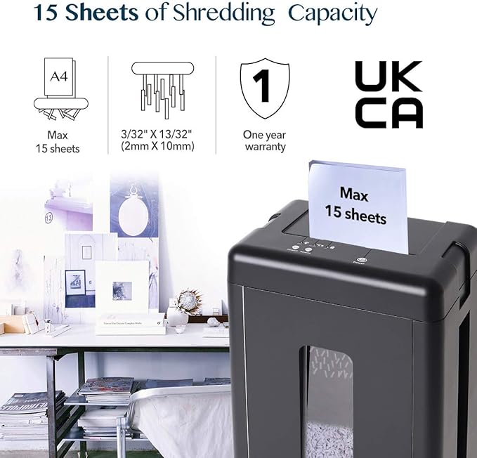 WOLVERINE 15-Sheet Super Micro Cut High Security Level P-5 Heavy Duty Paper/CD/Card Shredder for Home Office, Ultra Quiet by Manganese-Steel Cutter and 8 Gallons Pullout Waste Bin SD9520 (Black ETL)
