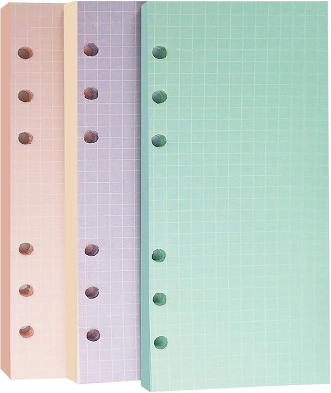 A6 Refills Paper, 3 Pack 40 Sheets A6 Colorful Grid Binder Paper, 3 Pcs Binder Pockets, 1 Page Marker - 6 Hole Notebook Inserts for 6 Ring Refillable A6 Binder Notebook Planner