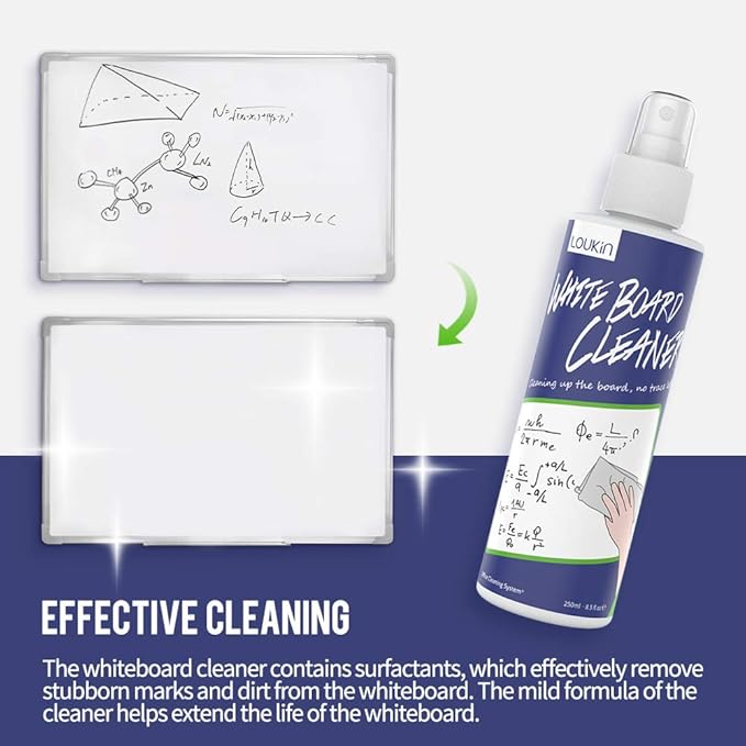 loukin Non-Toxic Whiteboard Cleaner, 8.5 fl oz Dry Erase Board Cleaner, Low-Odor Whiteboard Cleaning Spray with Cloth, Removes Stubborn Marks from Whiteboards
