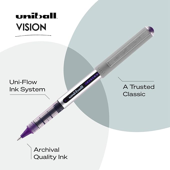 Vision Rollerball Pens, Violet Pens Pack of 12, Fine Point Pens with 0.7mm Medium Black Ink, Ink Black Pen, Pens Fine Point Smooth Writing Pens, Bulk Pens, and Office Supplies, Similar to Gel Pens