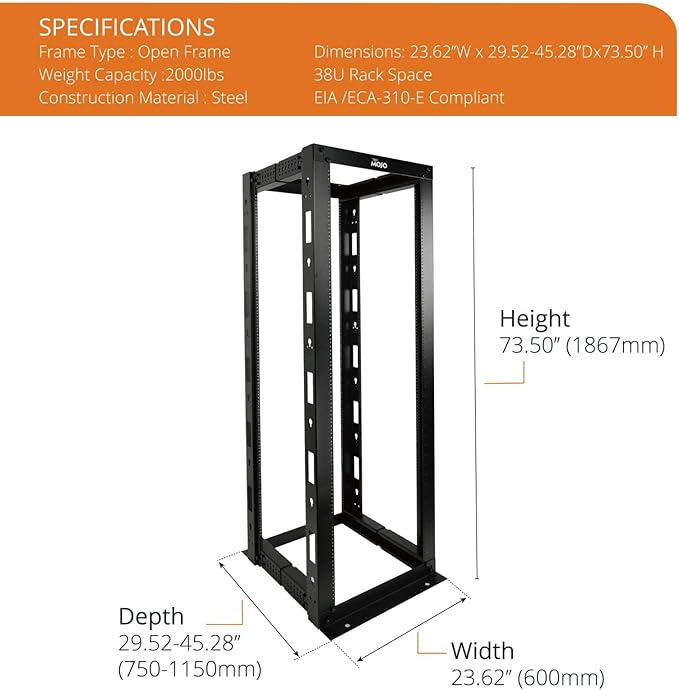 38U Open Frame Server Rack,4-Post Adjustable Depth 23.6 inch-39.3 inch Frame Rack,Professional It Rack for 19 inch Computer/AV/Data/IT Equipment,Tapped Hole