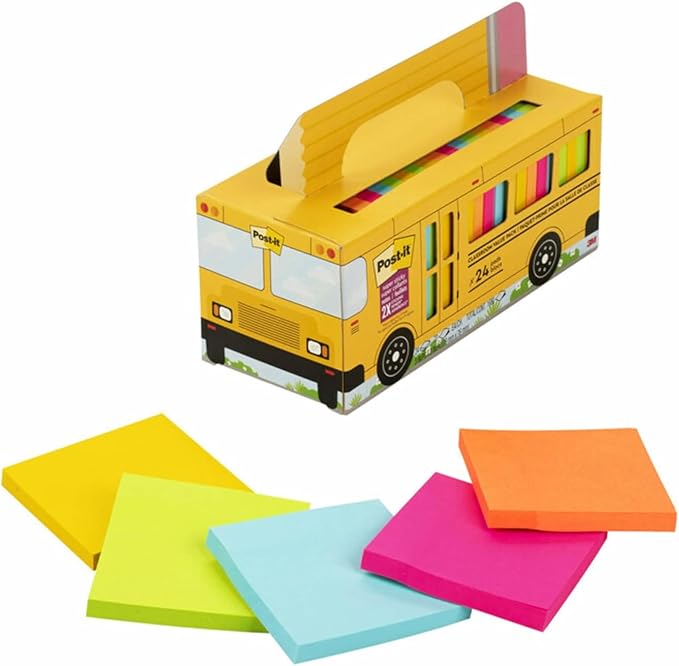 Post-it Super Sticky Notes Value Pack, 24 Pads, Convenient School Bus Carry and Storage Case, 2X The Sticking Power, 3x3 in, Bright Colors (Orange, Pink, Blue, Green, Yellow), Recyclable (654-24SSBUS)