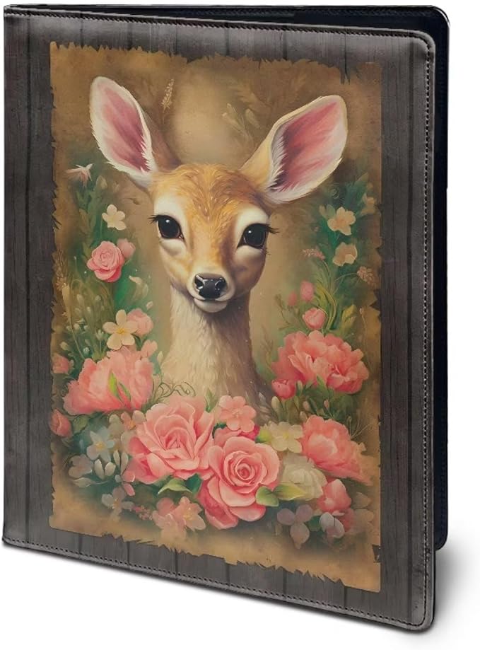 Deer Floral Portfolio Folder Leather Padfolio with A4 Size Clipboard Clip for Business Interview Resume Document Sleeve Binder Folder for Men/Women