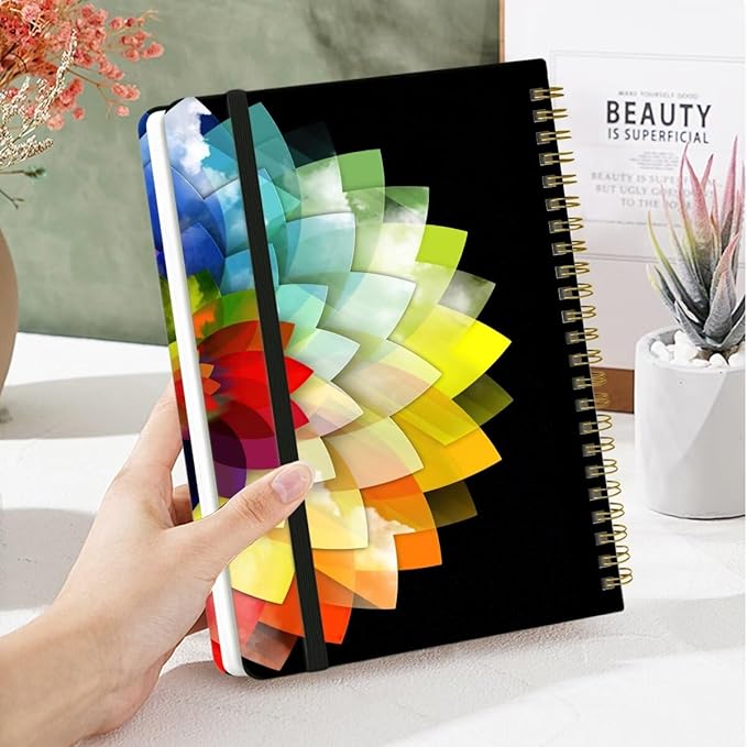 Spiral Notebook - A5 Spiral Notebooks, 8.3'' × 5.8'', 160 Pages, Aesthetic Journaling Notebooks for Women, College Lined Notebook with Elastic Closure, Back Pocket, for School Office, Half Flower