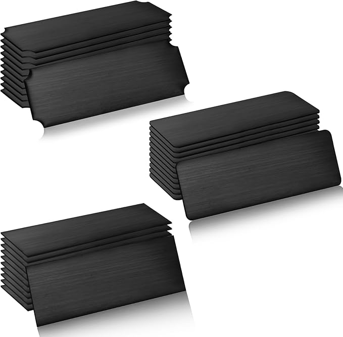 Therwen 30 Pcs Name Plates Laser Engraved Brushed Stainless Steel Plate Personalized Plaque Blank Custom Name Tag Frame Label with Adhesive Backing(Black Multi Shape,1''x 3'')