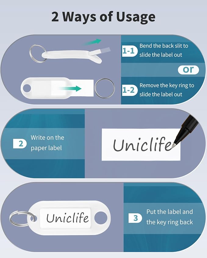 Uniclife 40 Pieces Key Tags 2 Inch Soft Plastic Key Chain Tags with Blank Paper Labels Clear Windows Protective Films and Split Rings Flexible Item Identifiers, White