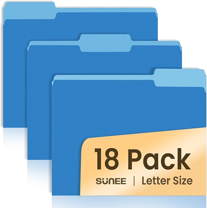 SUNEE File Folders, 18 Pack Manilla Folders 8.5 x 11, Colored Folders Office Organization Home School Folders for Documents Files Paper,Blue Colors
