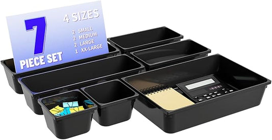 7 Pcs Plastic Drawer Organizer Set,4 Size Small Storage Containers for Organizing Jewelry,Utensil,Junk,Tea,Makeup,Shallow Drawer Organizers Tray Suitable for Office,Desk,Bathroom,Vanity,Kitchen,Black