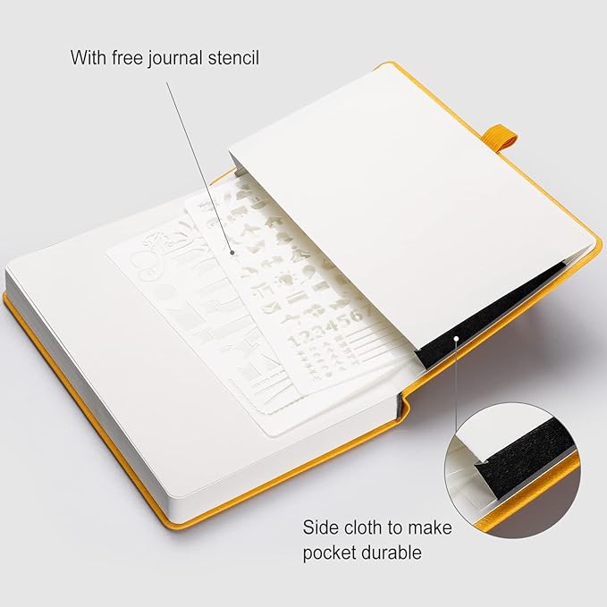 AHGXG Bullet Dotted Journal - 320 Numbered Pages Dot Grid Notebook A5 Thick Journal, 100gsm Thick Dotted Paper, Leather Hardcover,Inner Pocket, 5.75'' × 8.38'' - Yellow