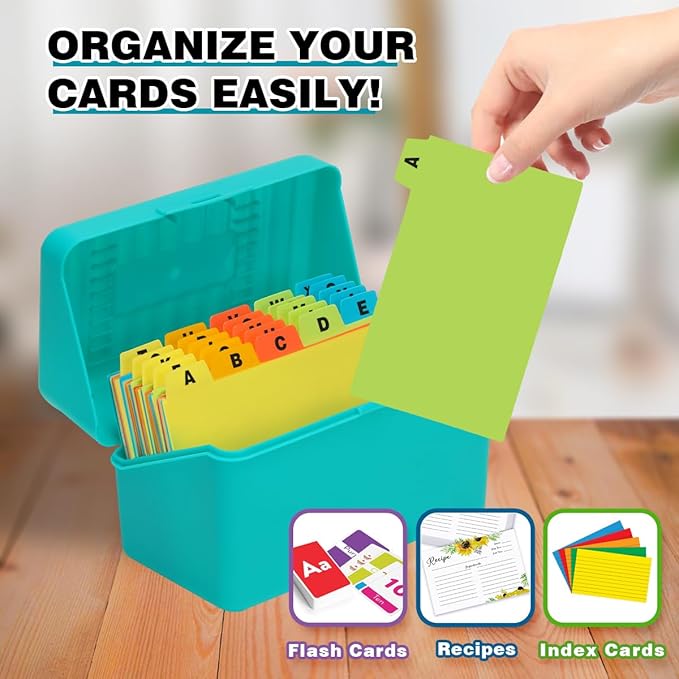 H4D Index Card Holder 3x5 Inches with 25 Plastic Dividers, Teal