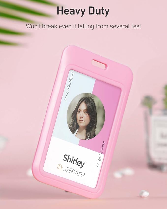 Uniclife 1 Pack Sliding ID Badge Holder Pink Hard Vertical Plastic Card Case Protector Pouch with Clear Window for Office School ID Credit Cards Proximity Key Cards Driver’s Licenses and Passes