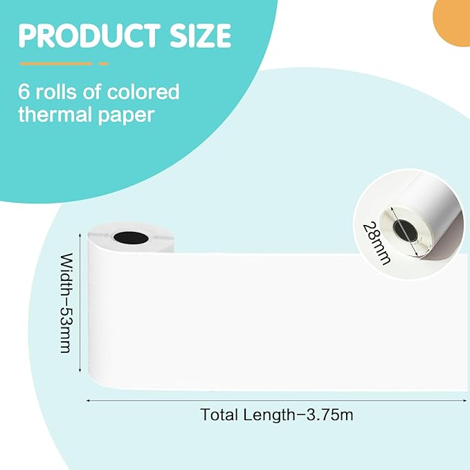 6 Rolls Mini Printer Sticker Thermal Paper Compatible M02/T02, White Self-adhesive paper 53x28mm, Mini Photo Printer Sticker to Print Photo, Note, Journal, Memo