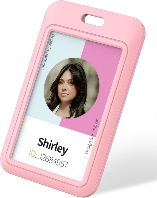 Uniclife 1 Pack Sliding ID Badge Holder Pink Hard Vertical Plastic Card Case Protector Pouch with Clear Window for Office School ID Credit Cards Proximity Key Cards Driver’s Licenses and Passes
