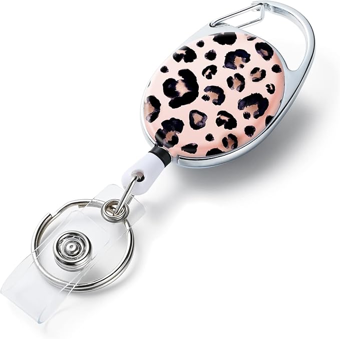 Badge Reels Retractable，Double Sided Color Print Pattern Retractable Badge Holders，with Retractable Keychain, Badge Clip and Key Ring，Durable Nylon Retractable Rope，Leopard Print