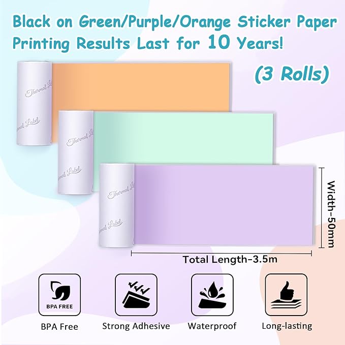 Purple/Green/Orange Thermal Paper for T02 Sticker Printer - Sticker Paper Works with T02/M02X/M02L Mini Printer, Last for 10 Years, Perfect for Journal Photos Study Notes, 50mmx3.5m, 3 Rolls