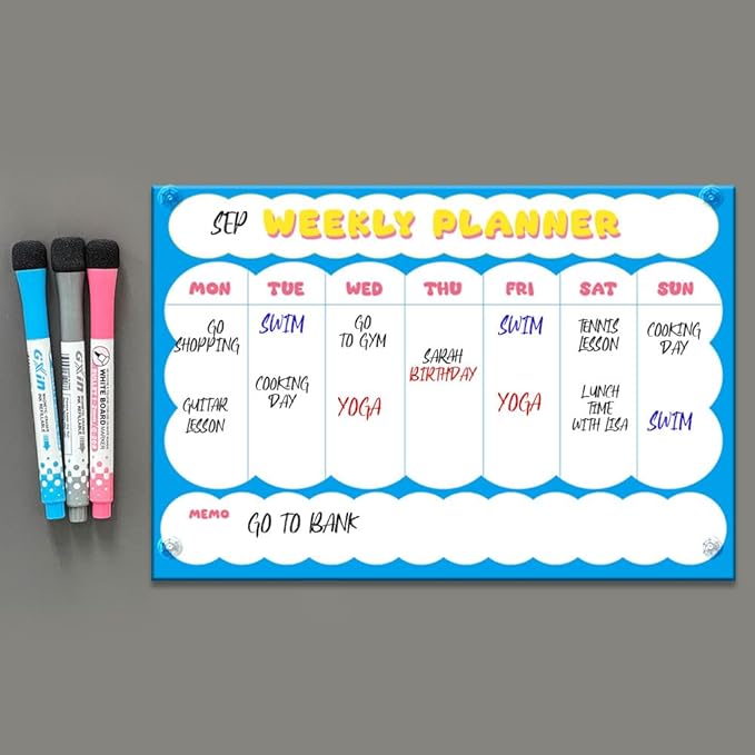 GEEKBEAR Dry Erase Refrigerator Calendar with 3 Markers - Attachable to Any Fridge with Special Suction Cups - Monthly and Weekly Designs, Acrylic - 15.7" x 10.6" (08. Cloud, Weekly)