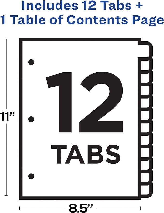 Avery 12 Tab Dividers for 3 Ring Binders, Customizable Table of Contents, Multicolor Tabs, 1 Set (11141)