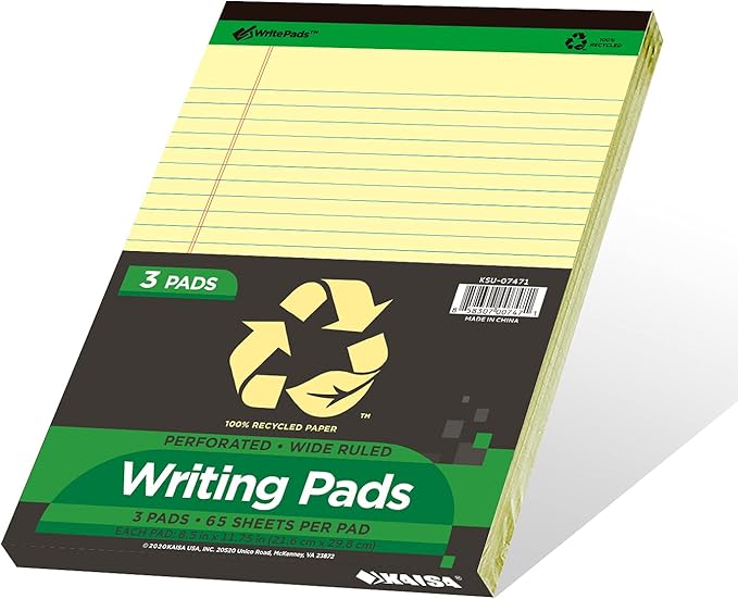 KAISA Legal Pad Writing Pads, 8.5"x11.75" Wide Ruled Legal Pad, Recycled Paper Pad, 65sheet/pad 3Pad, KSU-07471