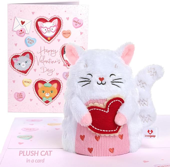 Lovepop Plushpop Soft Animal Pop-Up Card for Her and Him - 3D Happy Valentine Greeting Card for Boys, Girls, Men, Women - Love Cat - 6" x 8" Card