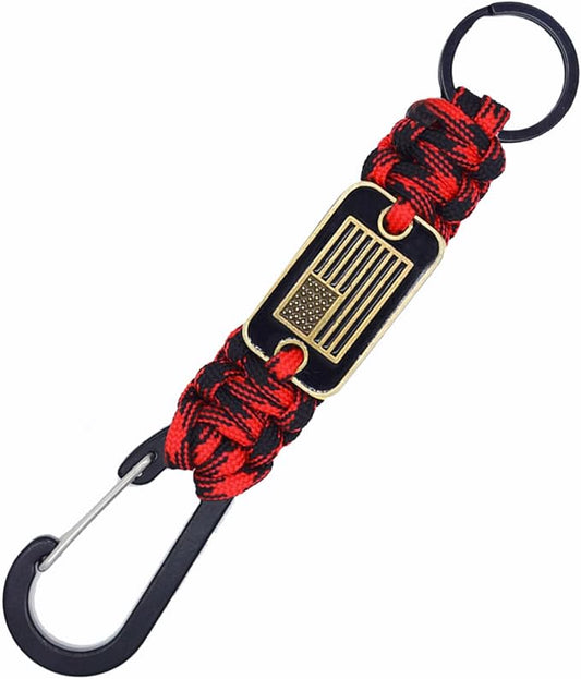 Paracord Keychain with USA Flag, Paracord Carabiner Keychain Clip, Braided Lanyard Utility Ring Hook Outdoor Camping Kit