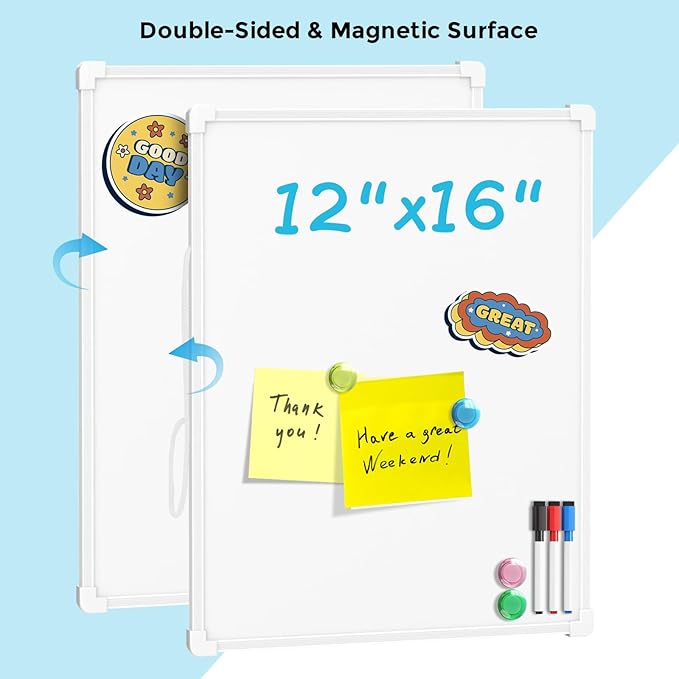 MaxGear Double-Sided Dry Erase Board for Wall, 16"x12" Hanging Whiteboard, Small Dry Erase White Board with 3 Markers&4 Magnets, Portable Whiteboard for Students - Planning, Drawing, Memo, to Do List