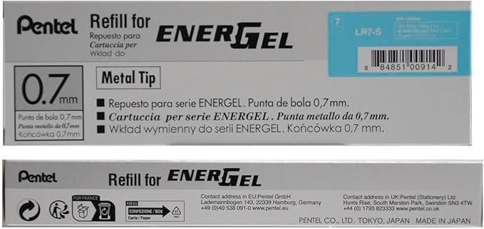 Pentel Refill Ink For EnerGel and Lancelot Gel Pen, (0.7mm) Metal Tip, Sky Blue Ink, Pack of 12 (LR7-S)