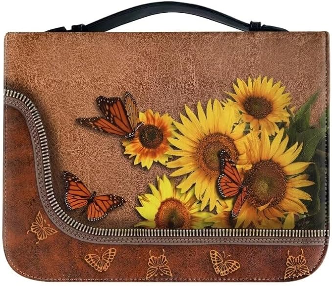 Lotusorchid Butterfly Bible Bags, Sunflower Faux Leather Bible Covers with Handle Pockets for Women, Portable Sturdy Bible Bag for Girls Ages 8-12, Christian Bible Study Accessories, Brown,L