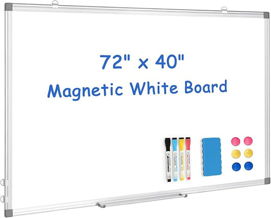 WALGLASS Large White Board, 72" x 40" Double-Sided Dry Erase Board Magnetic Whiteboard for Wall, Hanging Mounted Whiteboard Silver Aluminium Frame for Home, School, Office