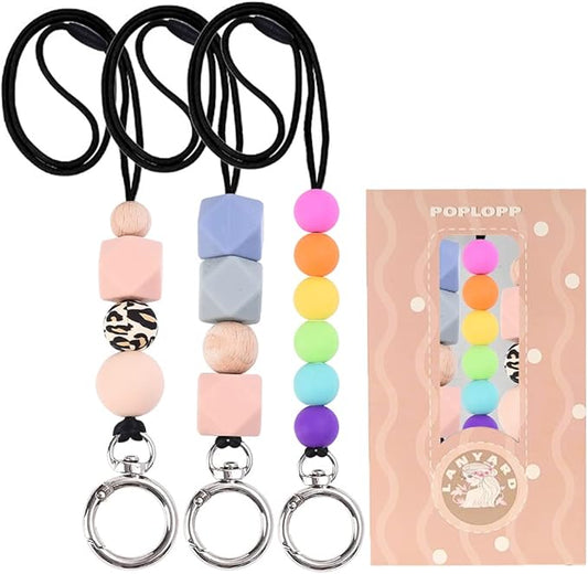 POPLOPP 3PCS Teacher Lanyards for ID Badges and Keys, Cute Silicone Beaded Lanyard for Women Nurse Employees Students