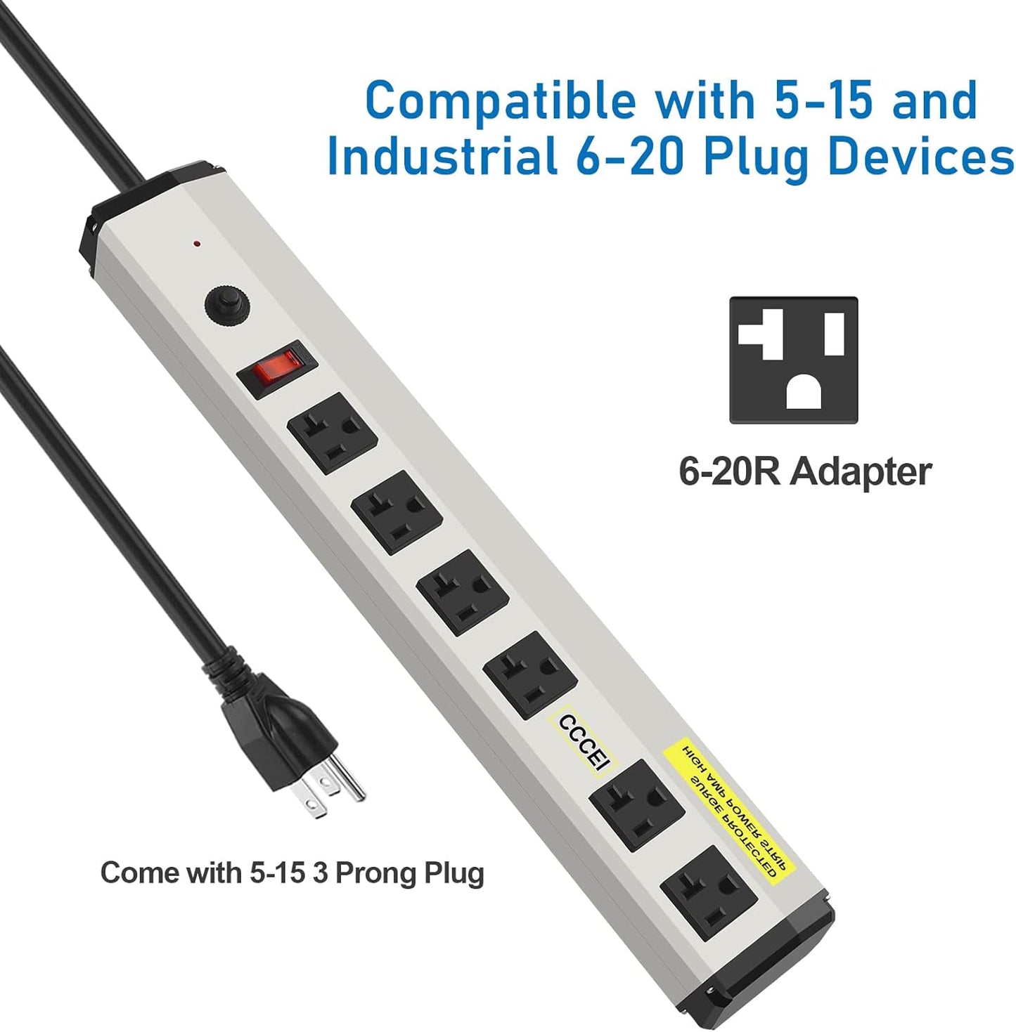 CCCEI Heavy Duty Power Strip Surge Protector 20 Amp, High Amp Industrial Shop Garage Metal Multiple Outlets, 10 FT 12 Gauge 5-15P Extension Cord 6 Outlet 6-20R T-Slot 20a for Appliance.