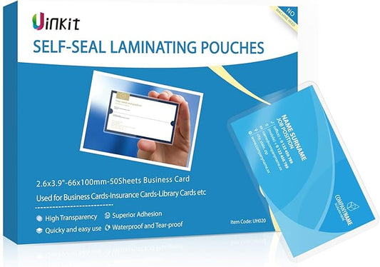 Uinkit Self Sealing Laminating Pouches Self Adhesive Laminating Sheets for Small Bussinesss Cards 2.6x3.9inches 50Pack 10Mil Thick Laminate Sheets Gloss Finish No Machine Need