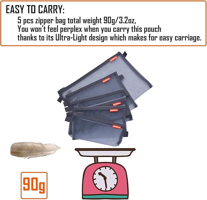 pendancy Mesh Zipper Pouch 5pcs Lightweight Nylon File Folders Document Organizer Cosmetic Bags Accessories Storage for Travel and Office Supplies (Grey, A4 A5 A6)