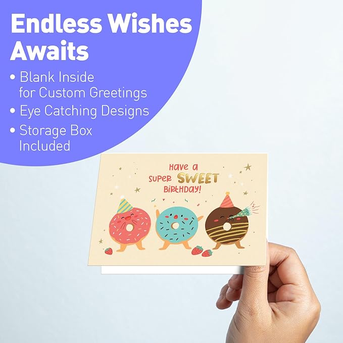 S&O Box of Birthday Cards with Envelopes - Bulk 24 Unique Happy Day Notes - Colorful Birthday Decor Bulk for Office & Home - Assorted Party Cards with Envelopes - 4x5.5”