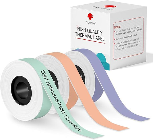 Phomemo D30 Continuous Color Label Paper 0.59"*23.62" (15mm X 6m), Black on Mint Green, Light Orange, Lavender Purple, Compatible for D30 D35 Q30 Label Maker, Thermal Printing Inkless & Clean