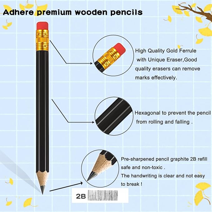 Adhere 25pcs Half Pencils Golf Pencils with Eraser Pre-sharpened Hexagon Woodcase Pencils Graphite 2B including a Sharpener for Golf Event Scoring,Classroom,Wedding,Pew, Pocket (Black)