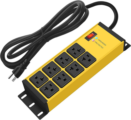 CCCEI Yellow Heavy Duty Power Strip Surge Protector 20 AMP, 8 Outlets 12 Gauge Industrial Shop Garage Metal Multiple Outlets, 6 FT Extension Cord 5-15P Adapter High Amp 6-20R T-Slot 20a for Appliance