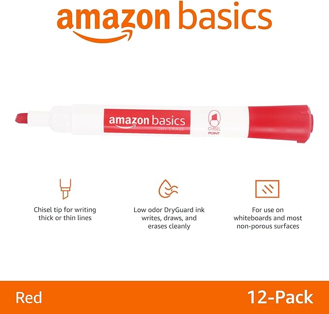 Amazon Basics Dry Erase Markers For Whiteboards, Chisel Tip, Low-Odor, Red, Pack of 12