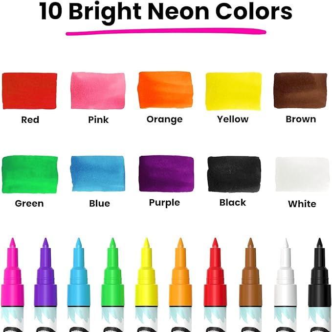 Chalk Markers Fine Tip (10 Pack, 1mm Extra Fine Point) - Neon Liquid Chalk Pens for Blackboards, Chalkboard, Bistro, Car Windows, Dry Erase Boards, Glass - Thin, Wet Erase, Erasable Chalkboard Markers