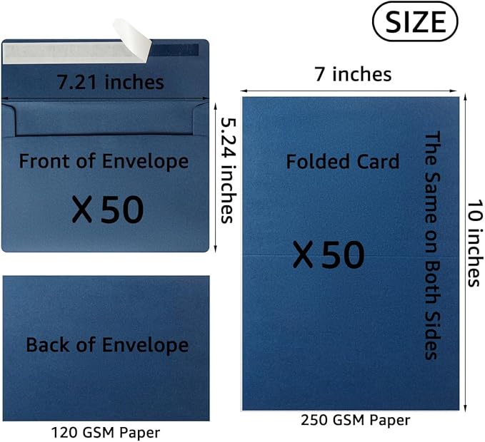 Wishop 50 Pack Self-Adhesive Envelopes with Fold Cards for Wedding Invitations, Greeting Cards, Baby Shower, Letter Mailing (Navy Blue, 5x7)